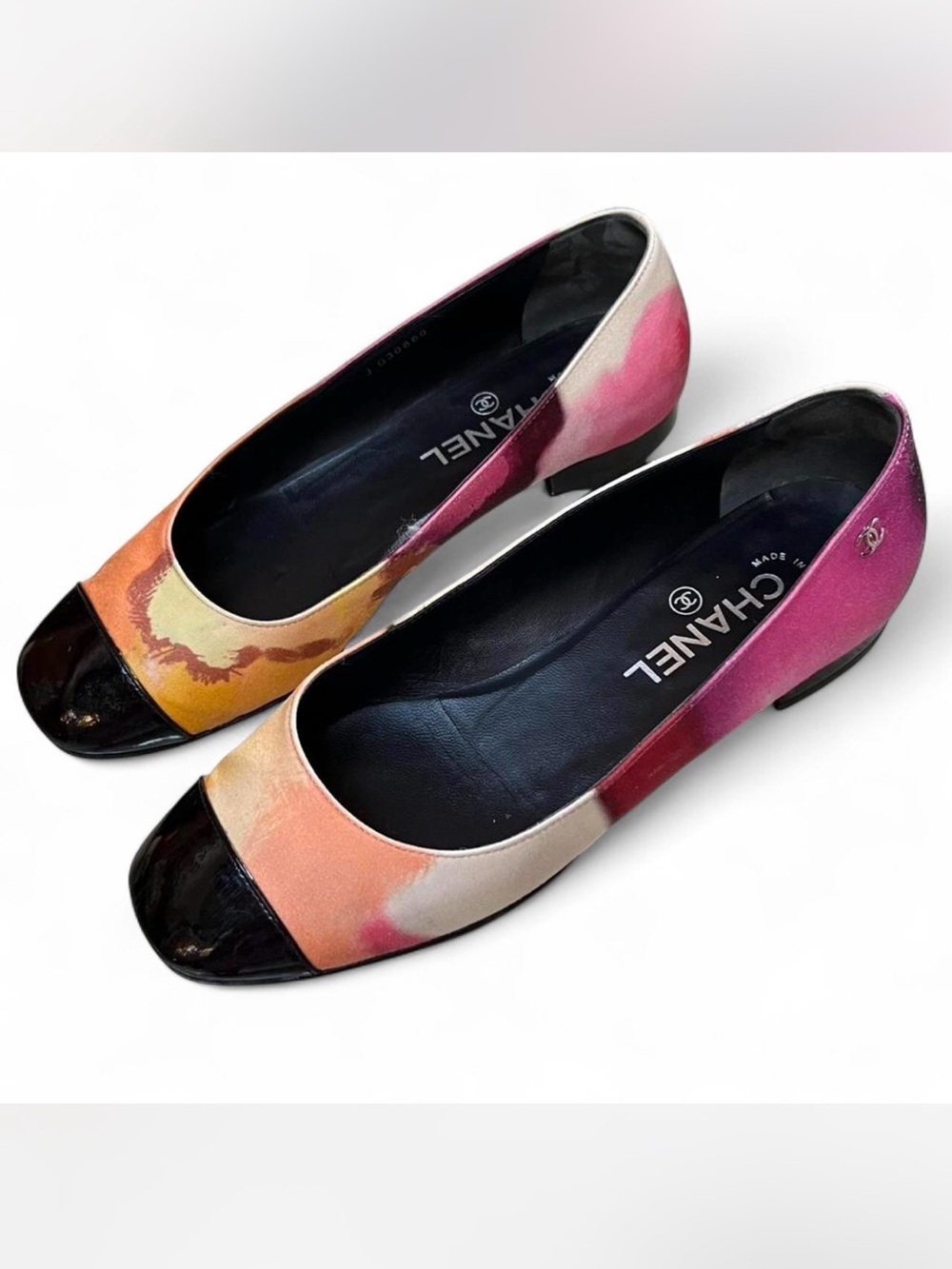 CHANEL Multicolor Satin Cap-Toe Ballet Flat in Pink, Orange, Cream and Black
